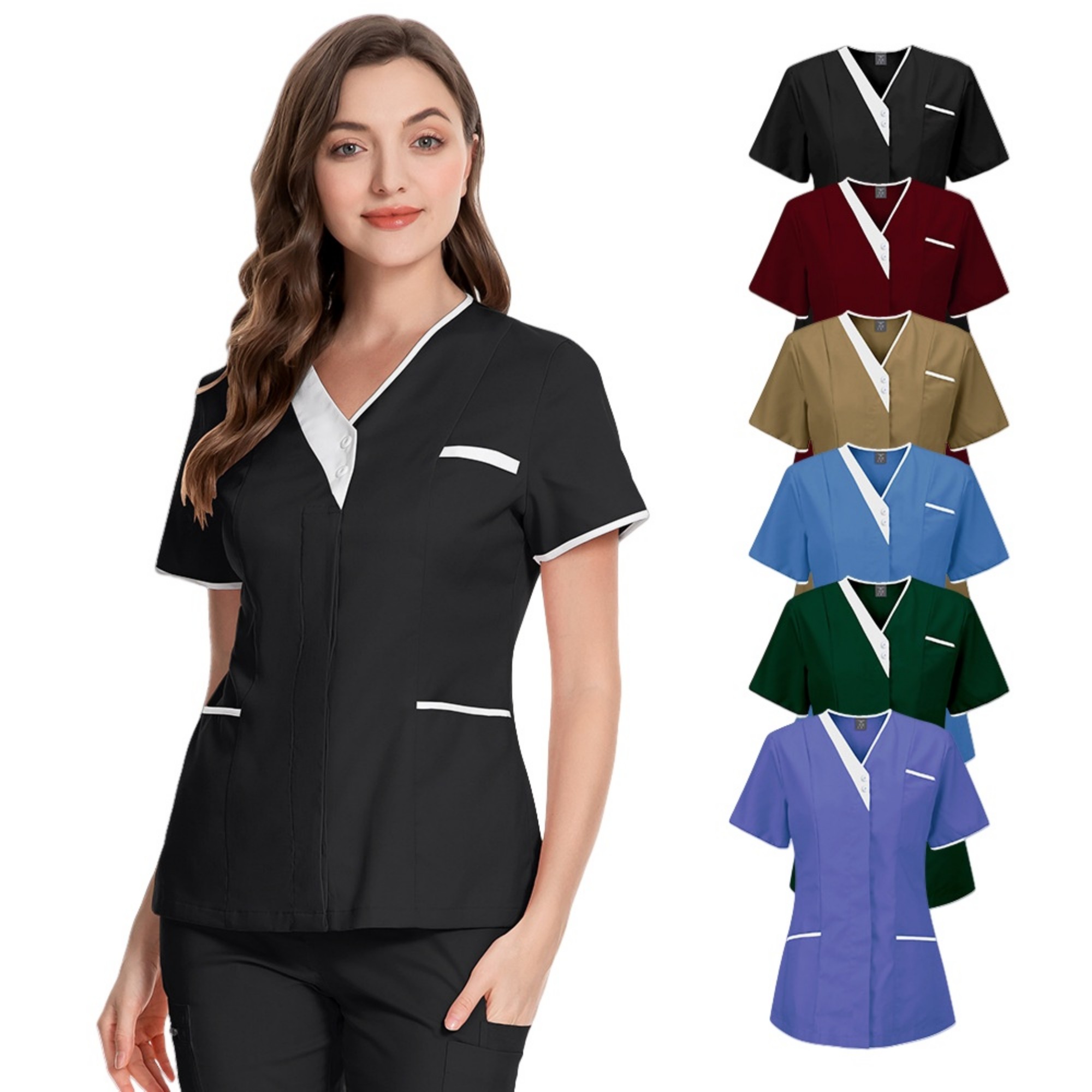 Solid Women V Neck Working Uniform With Pockets Item No#22341 - Image 2